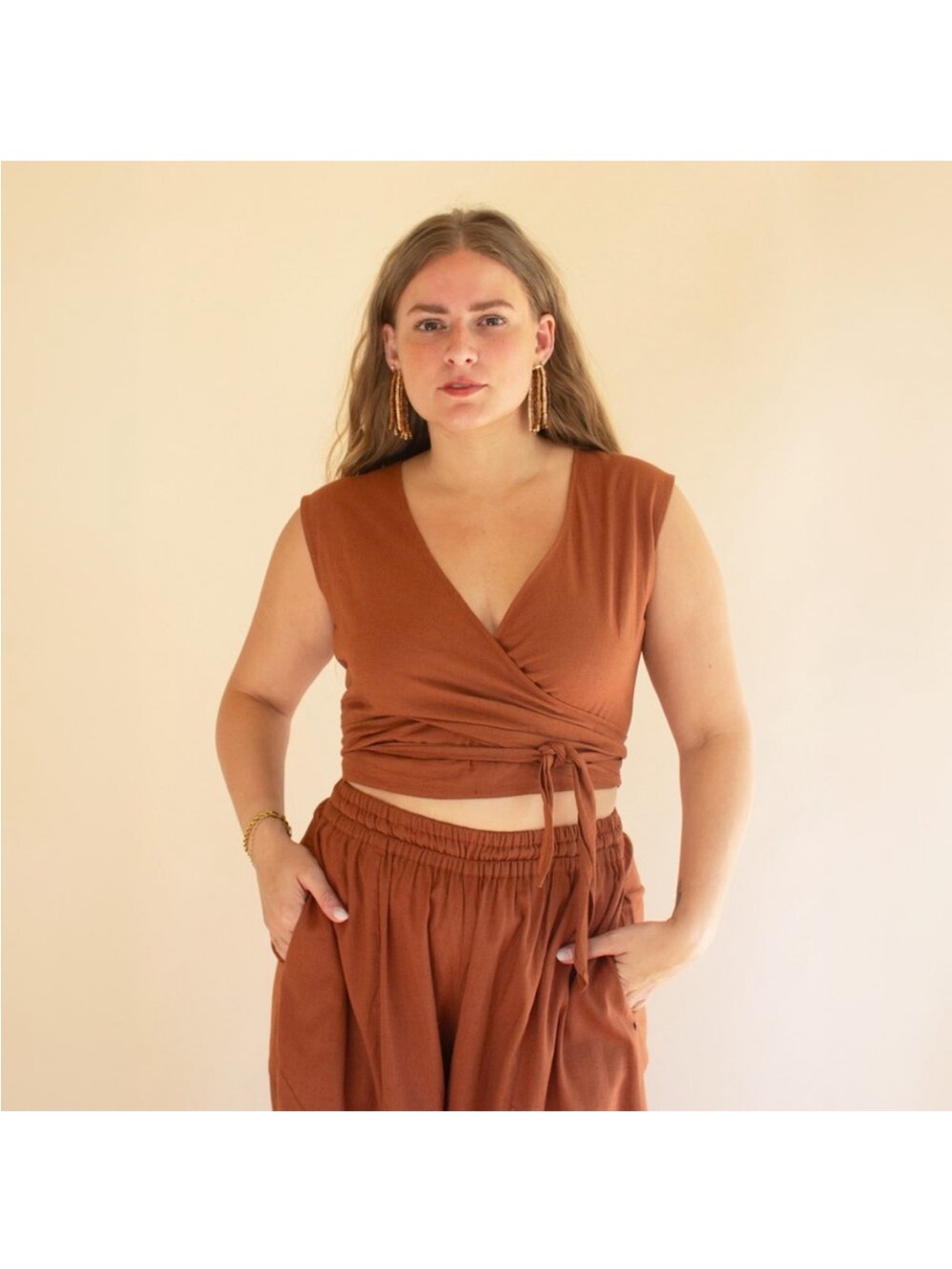 La Lou LaLou Convertible wrap cotton linen blend blouse in cinnamon one size